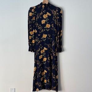 Reformation Navy & Yellow Floral Long Sleeve Dress
